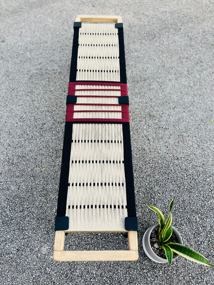 Mid Century Bench | Custom Size Woven Entryway Seating With Matte Black Legs