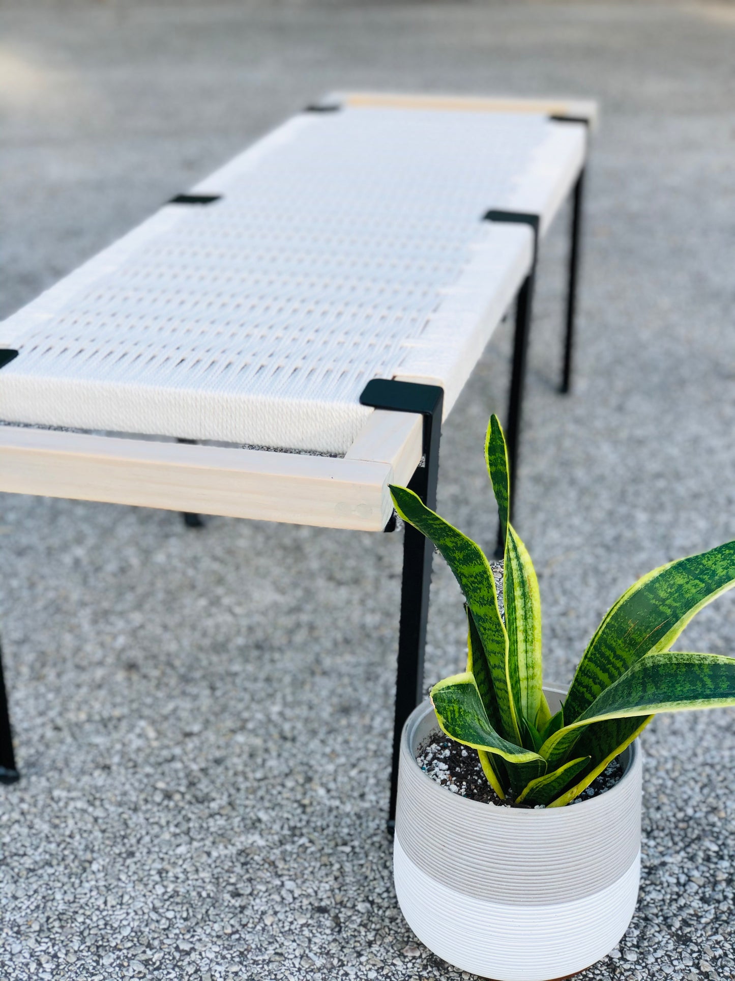 Mid Century Bench | Custom Size Woven Entryway Seating With Matte Black Legs