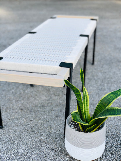 Mid Century Bench | Custom Size Woven Entryway Seating With Matte Black Legs