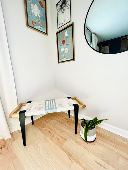 Mid Century Bench | Custom Size Woven Entryway Seating With Matte Black Legs