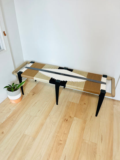 Mid Century Bench | Custom Size Woven Entryway Seating With Matte Black Legs