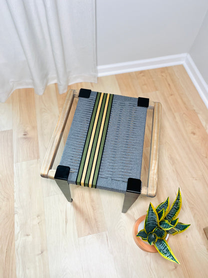 Mid Century Bench | Custom Size Woven Entryway Seating With Matte Black Legs