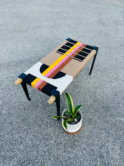 Mid Century Bench | Custom Size Woven Entryway Seating With Matte Black Legs