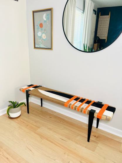 Mid Century Bench | Custom Size Woven Entryway Seating With Matte Black Legs