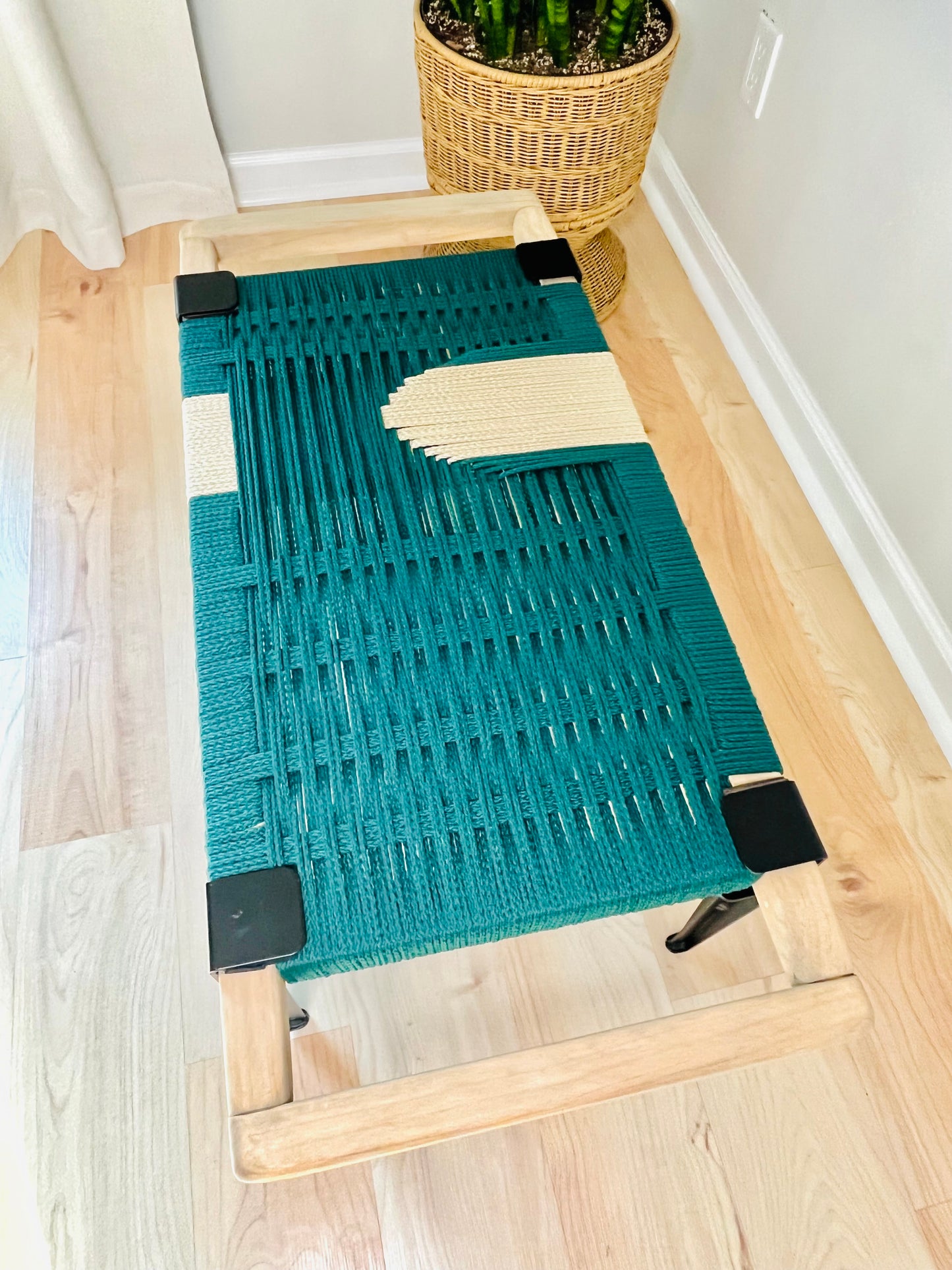 Mid Century Bench | Custom Size Woven Entryway Seating With Matte Black Legs