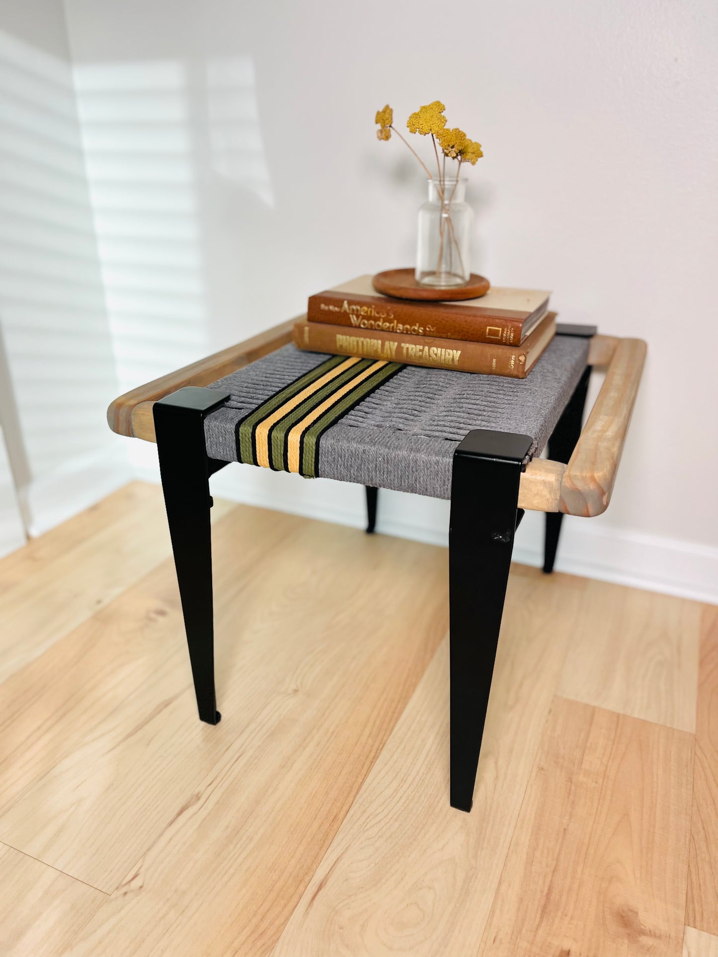 Mid Century Bench | Custom Size Woven Entryway Seating With Matte Black Legs