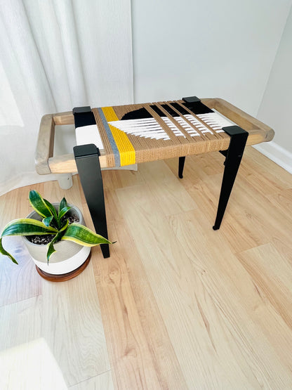 Mid Century Bench | Custom Size Woven Entryway Seating With Matte Black Legs