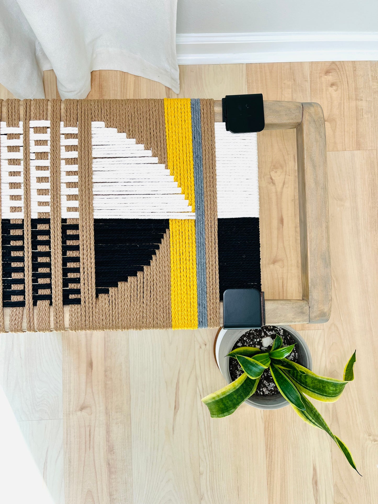 Mid Century Bench | Custom Size Woven Entryway Seating With Matte Black Legs