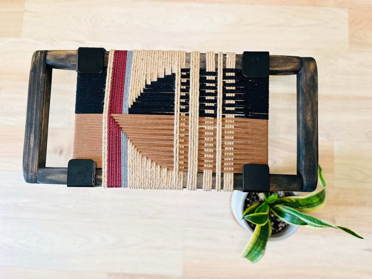 Mid Century Bench | Custom Size Woven Entryway Seating With Matte Black Legs