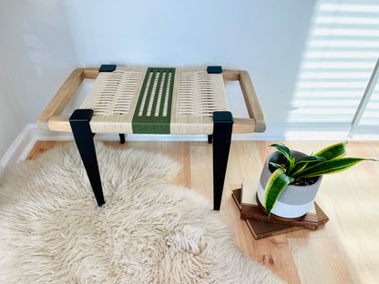Mid Century Bench | Custom Size Woven Entryway Seating With Matte Black Legs