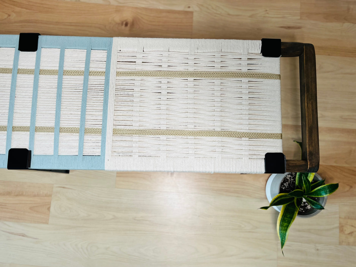 Mid Century Bench | Custom Size Woven Entryway Seating With Matte Black Legs