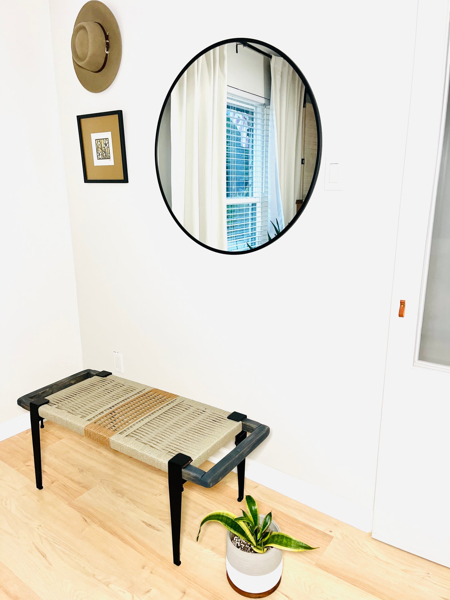 Mid Century Bench | Custom Size Woven Entryway Seating With Matte Black Legs