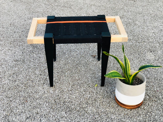Mid Century Bench | Custom Size Woven Entryway Seating With Matte Black Legs