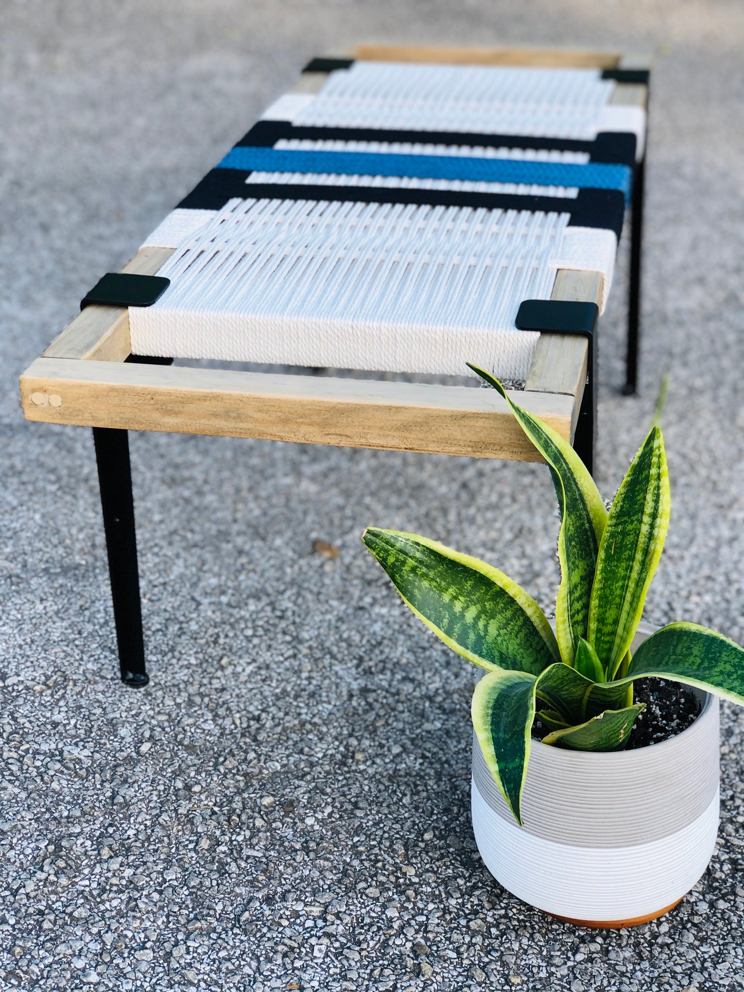 Mid Century Bench | Custom Size Woven Entryway Seating With Matte Black Legs