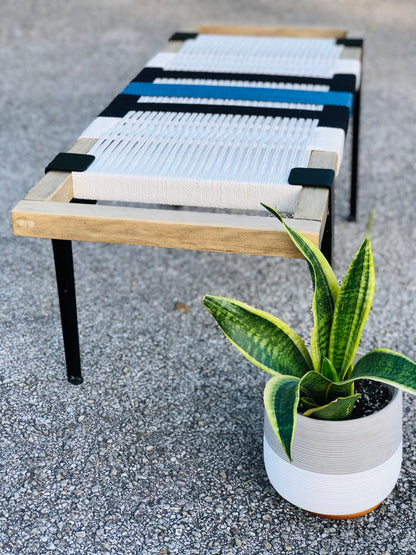 Mid Century Bench | Custom Size Woven Entryway Seating With Matte Black Legs