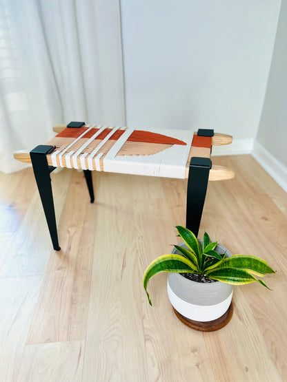 Mid Century Bench | Custom Size Woven Entryway Seating With Matte Black Legs