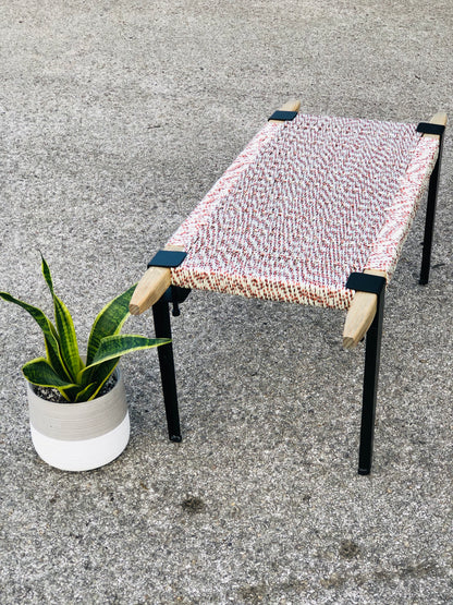 Mid Century Bench | Custom Size Woven Entryway Seating With Matte Black Legs