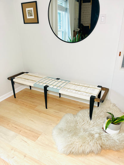 Mid Century Bench | Custom Size Woven Entryway Seating With Matte Black Legs