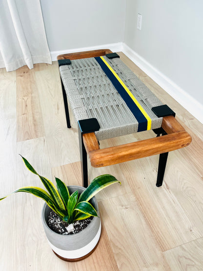 Mid Century Bench | Custom Size Woven Entryway Seating With Matte Black Legs