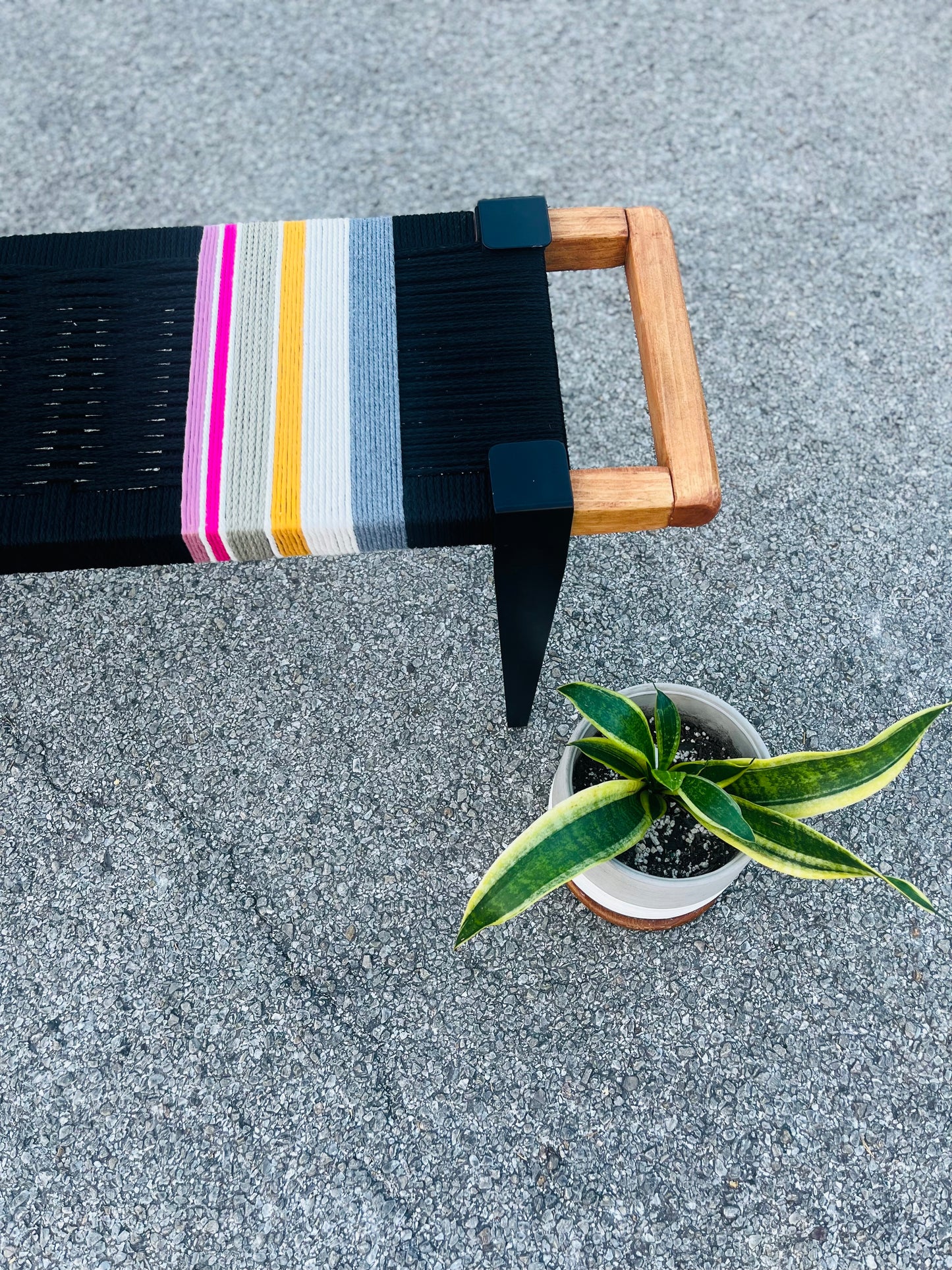 Mid Century Bench | Custom Size Woven Entryway Seating With Matte Black Legs