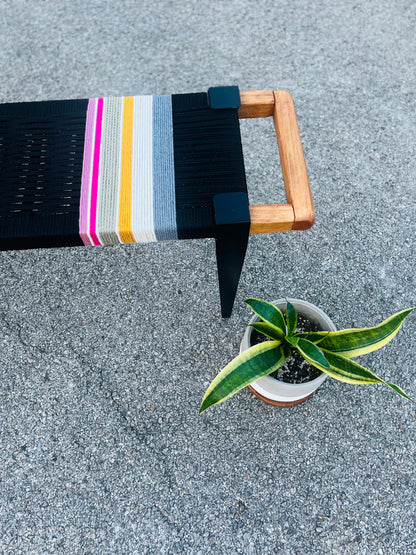 Mid Century Bench | Custom Size Woven Entryway Seating With Matte Black Legs