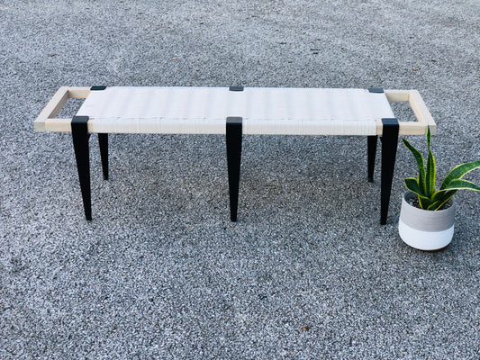 Mid Century Bench | Custom Size Woven Entryway Seating With Matte Black Legs