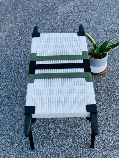 Mid Century Bench | Custom Size Woven Entryway Seating With Matte Black Legs