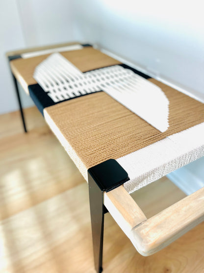 Mid Century Bench | Custom Size Woven Entryway Seating With Matte Black Legs