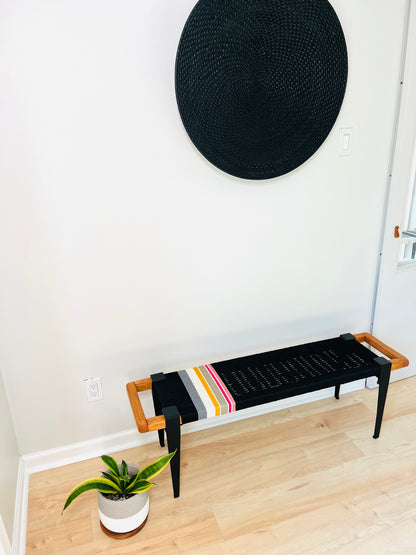 Mid Century Bench | Custom Size Woven Entryway Seating With Matte Black Legs