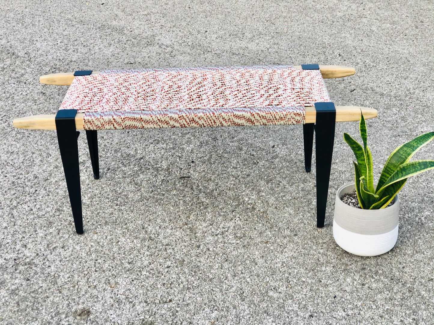 Mid Century Bench | Custom Size Woven Entryway Seating With Matte Black Legs