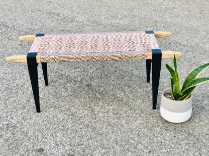 Mid Century Bench | Custom Size Woven Entryway Seating With Matte Black Legs
