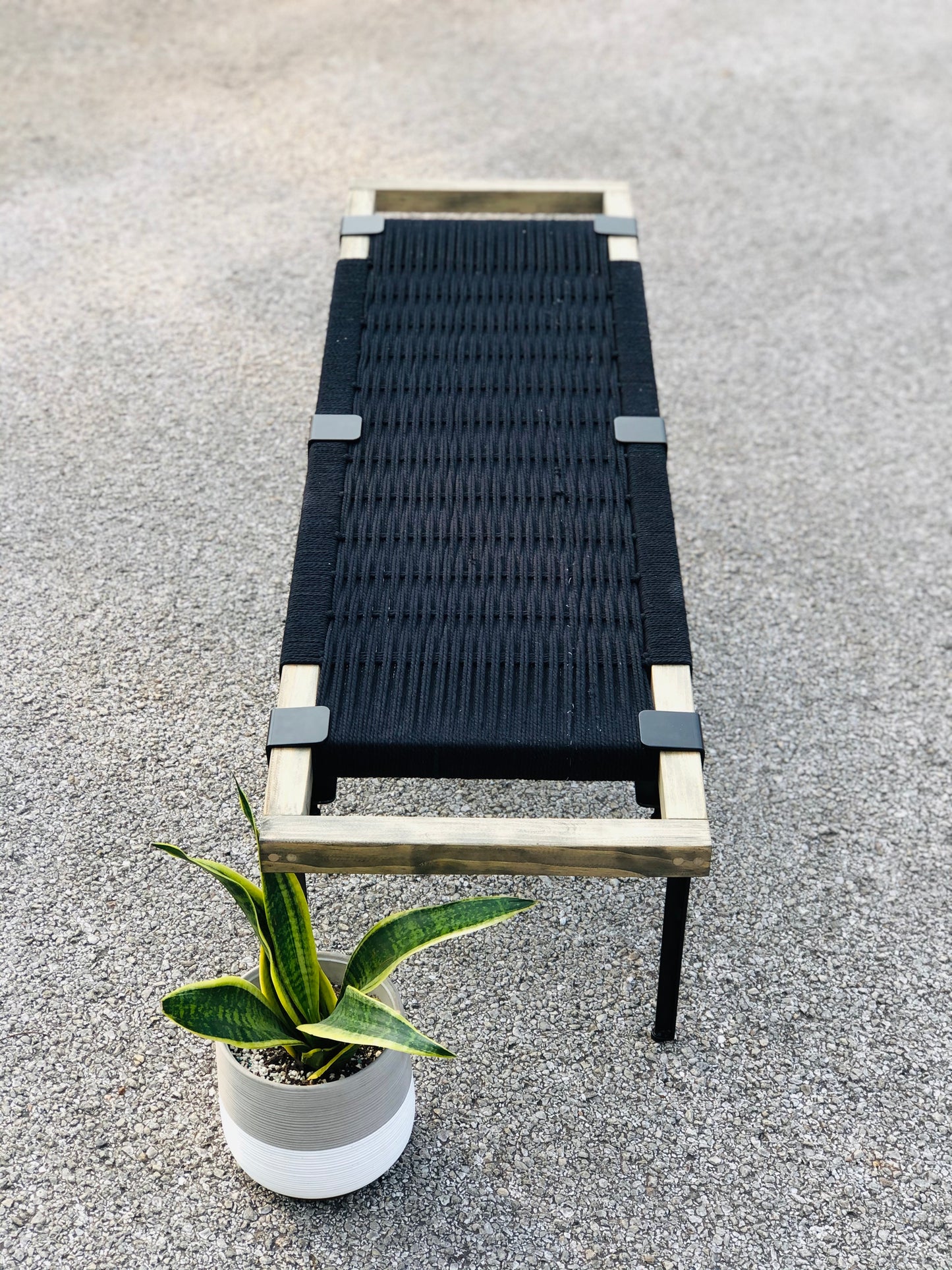 Mid Century Bench | Custom Size Woven Entryway Seating With Matte Black Legs