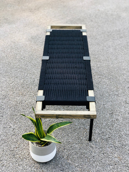 Mid Century Bench | Custom Size Woven Entryway Seating With Matte Black Legs